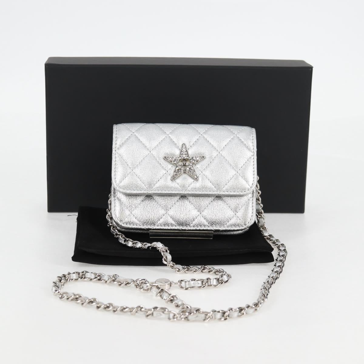 CHANEL Matelasse Chain Shoulder Bag Leather Silver CC Auth MX400AM