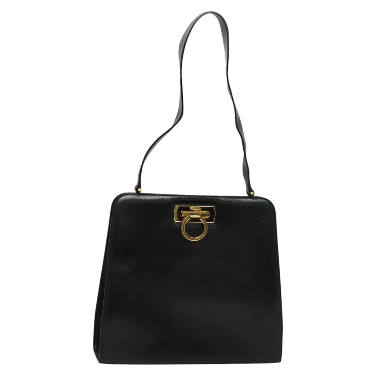 Salvatore Ferragamo Gancini Shoulder Bag Leather Black Gold Auth MX418