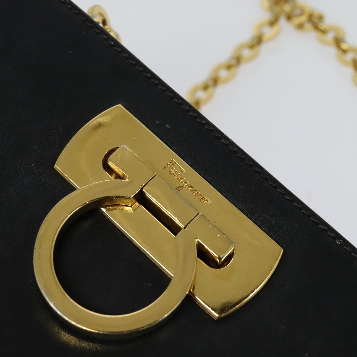 Salvatore Ferragamo Gancini Chain Shoulder Bag Leather Black Gold Auth MX455
