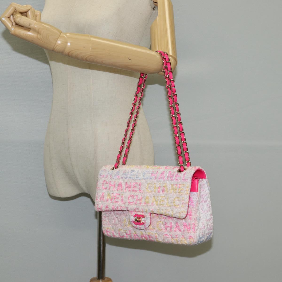 CHANEL Matelasse 25 Chain Shoulder Bag Tweed Pink Gold CC Auth MX484SM