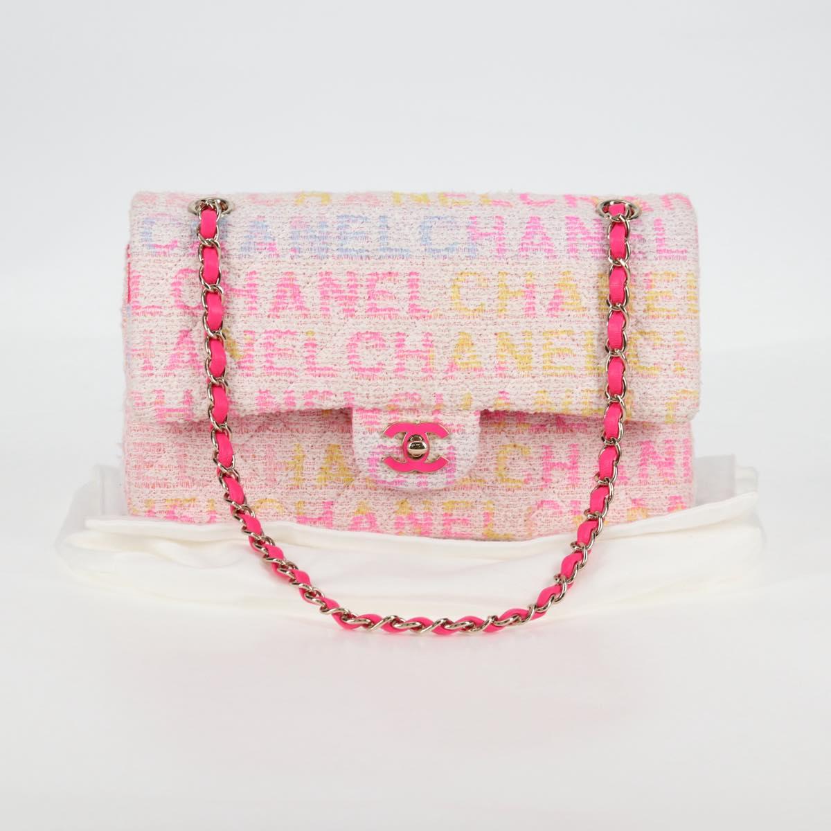 CHANEL Matelasse 25 Chain Shoulder Bag Tweed Pink Gold CC Auth MX484SM