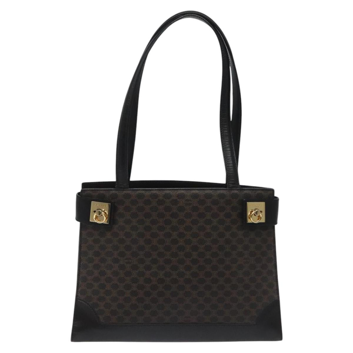 CELINE Macadam Canvas Shoulder Bag PVC Leather Black Gold Auth MY004