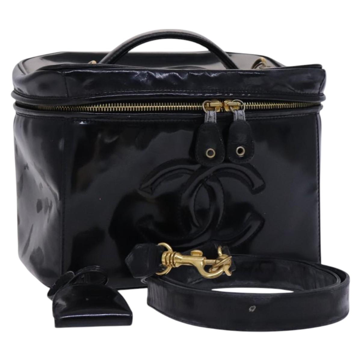 CHANEL Vanity Hand Bag Patent leather 2way Black Gold CC Auth MY059