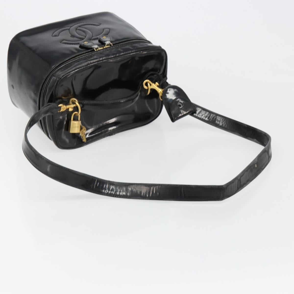 CHANEL Vanity Hand Bag Patent leather 2way Black Gold CC Auth MY059