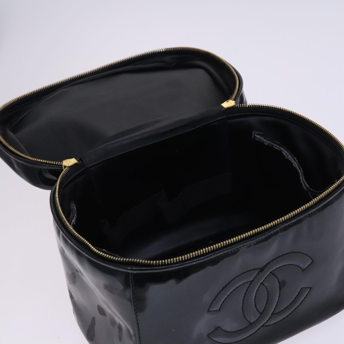CHANEL Vanity Hand Bag Patent leather 2way Black Gold CC Auth MY059