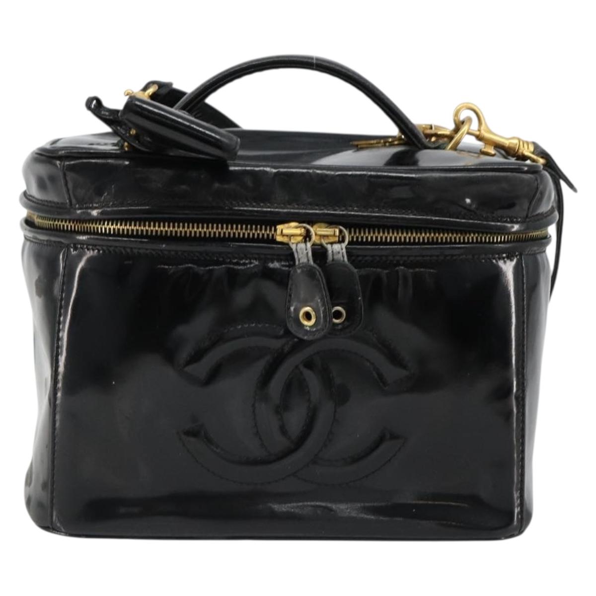 CHANEL Vanity Hand Bag Patent leather 2way Black Gold CC Auth MY059