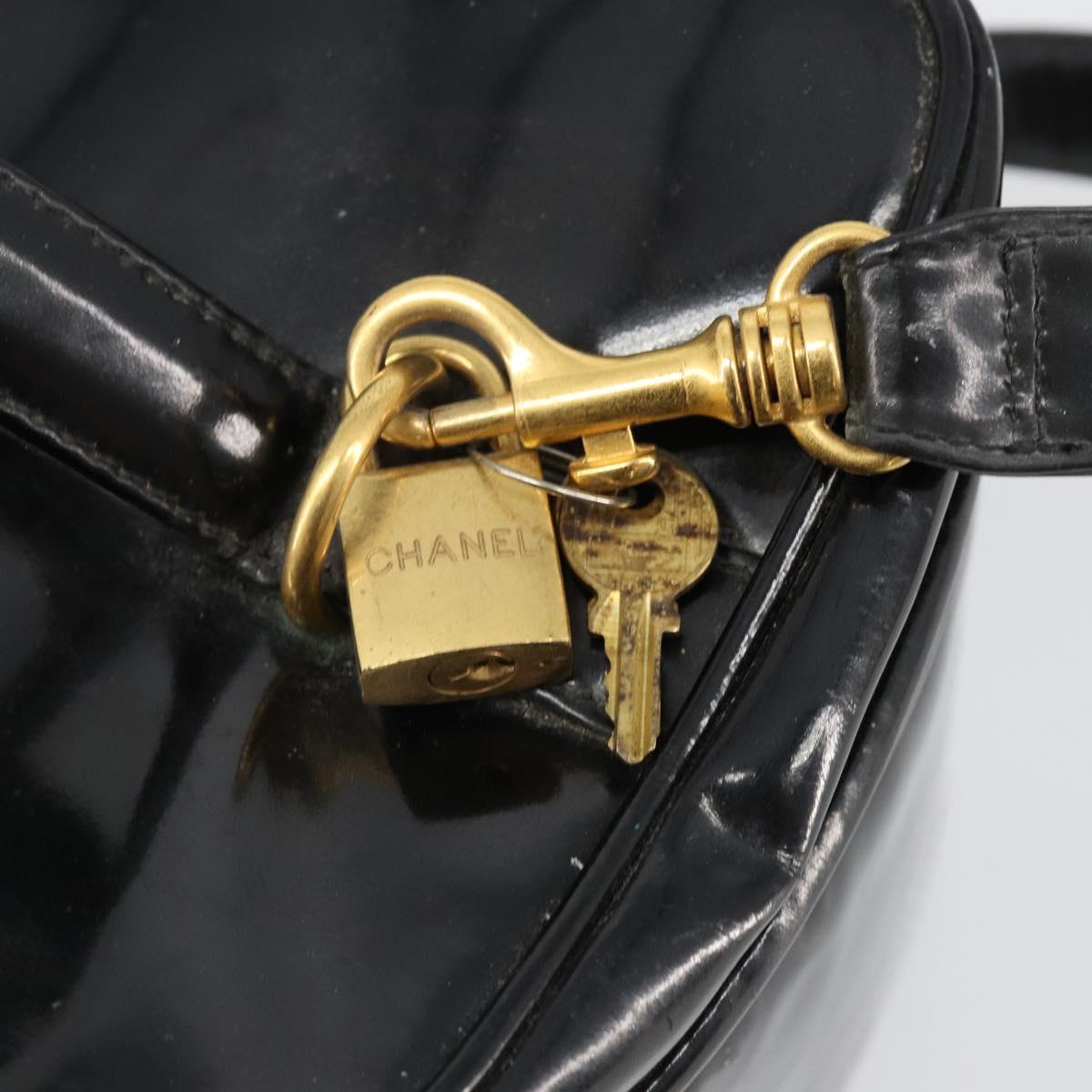 CHANEL Vanity Hand Bag Patent leather 2way Black Gold CC Auth MY059