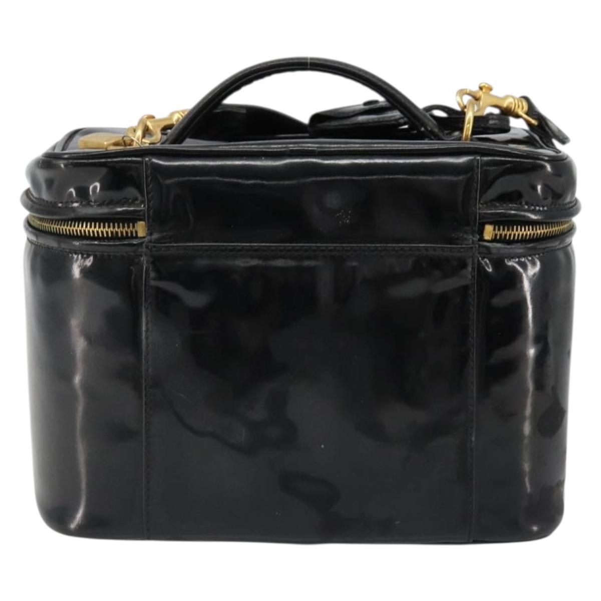 CHANEL Vanity Hand Bag Patent leather 2way Black Gold CC Auth MY059