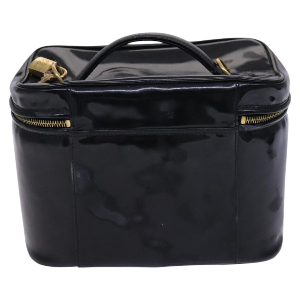 CHANEL Vanity Pouch Patent leather 2way Black Gold CC Auth MY059