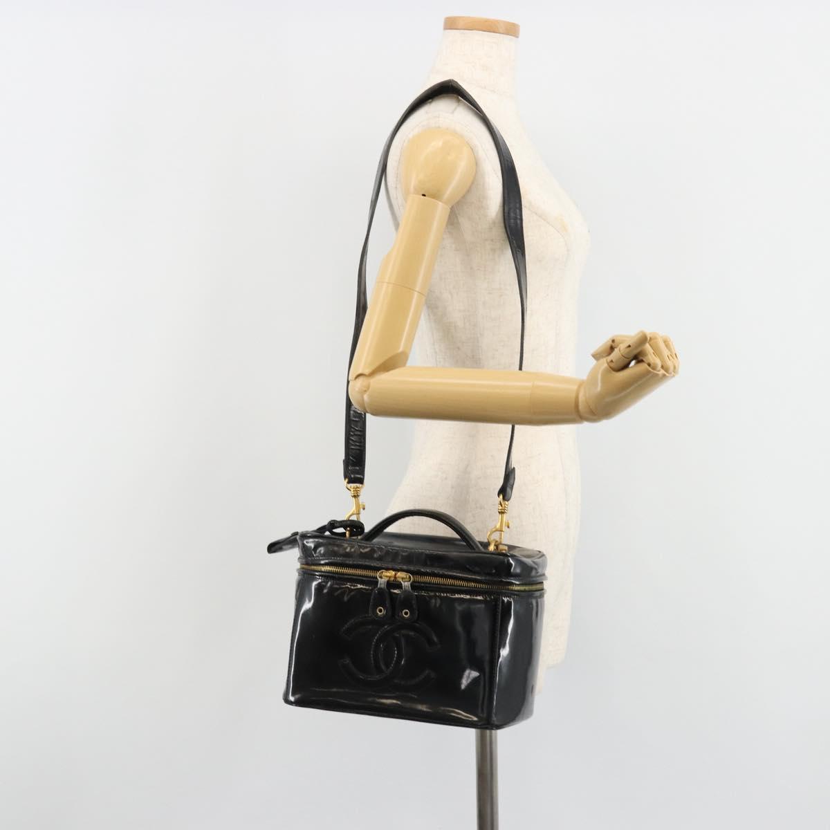 CHANEL Vanity Hand Bag Patent leather 2way Black Gold CC Auth MY059