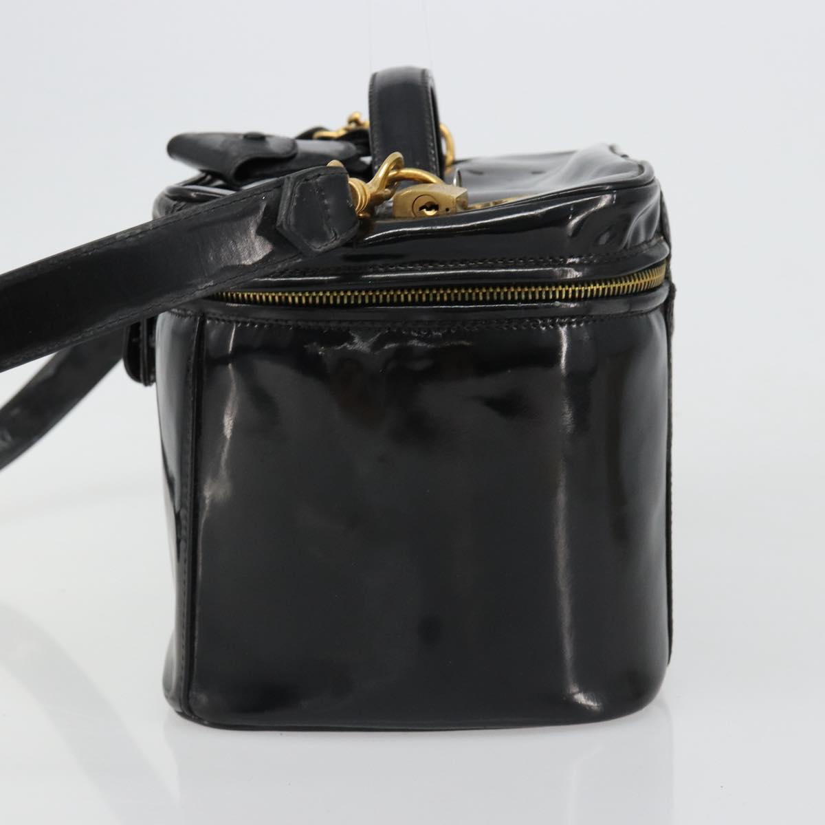 CHANEL Vanity Hand Bag Patent leather 2way Black Gold CC Auth MY059