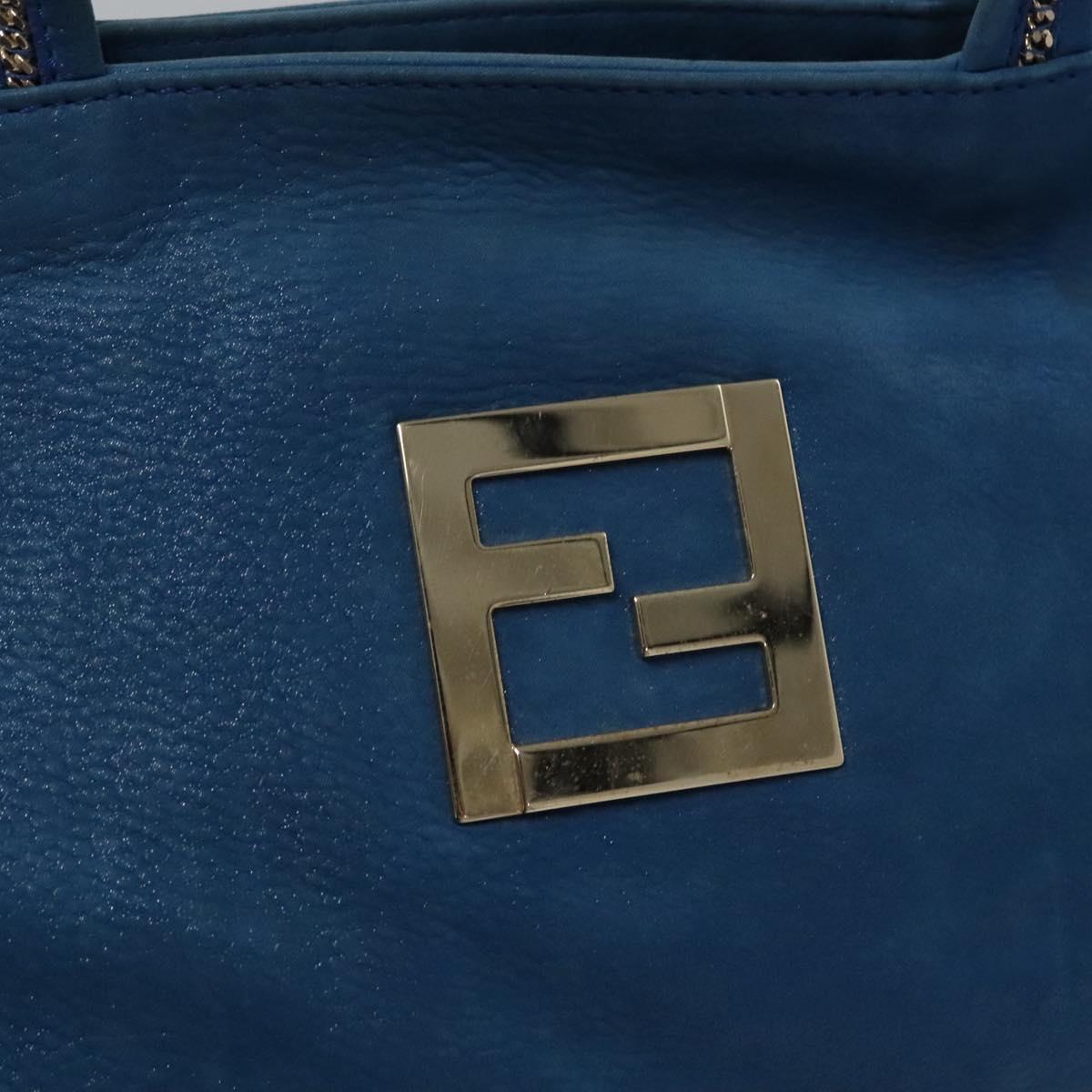 FENDI Tote Bag Leather Blue Gold Auth MY140