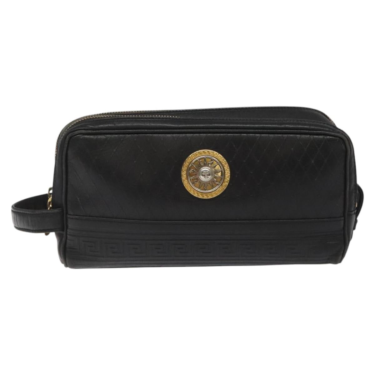 Gianni Versace Clutch Bag Leather Black Gold Auth MY181