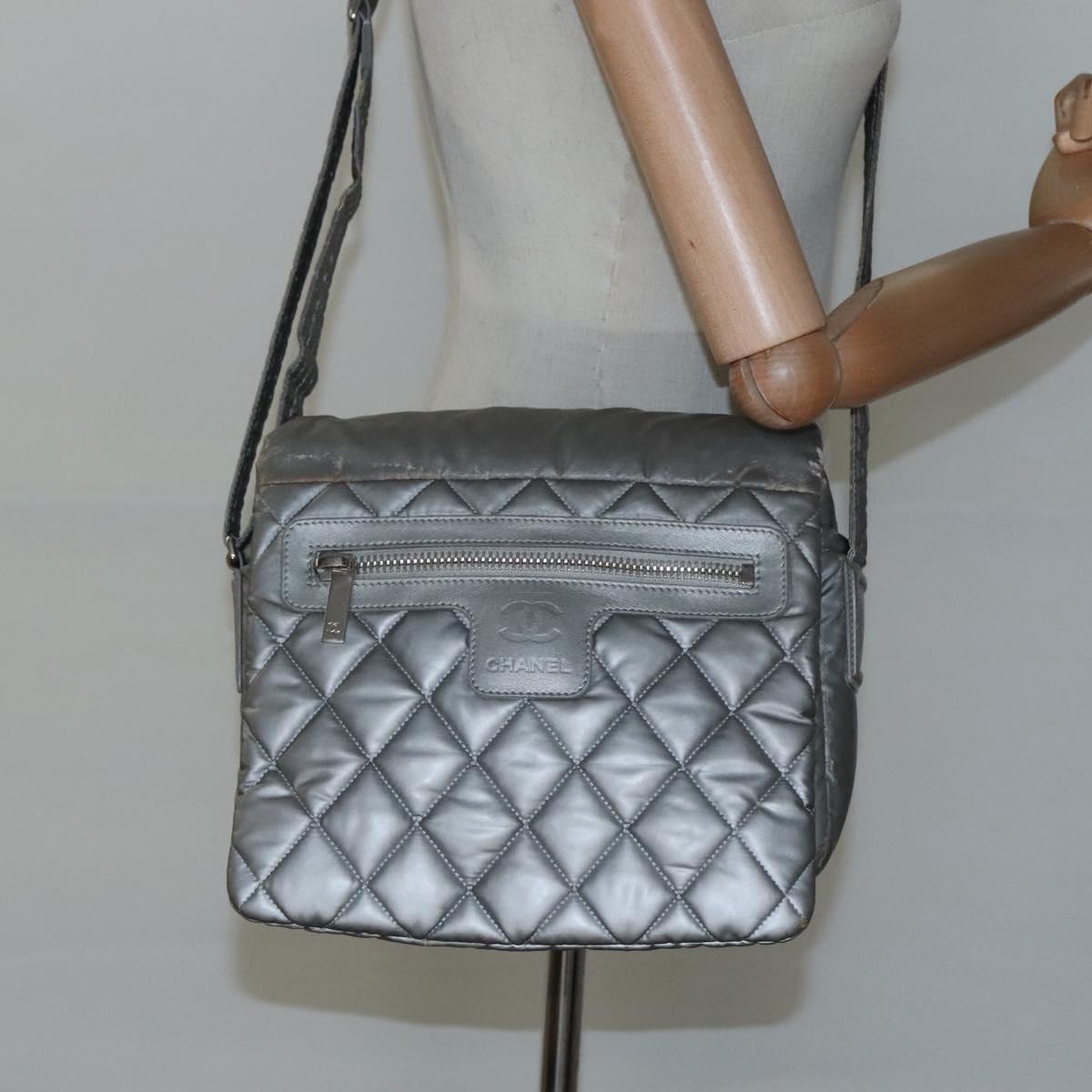 CHANEL Cococoon Shoulder Bag Coated Canvas Silver CC Auth MY256