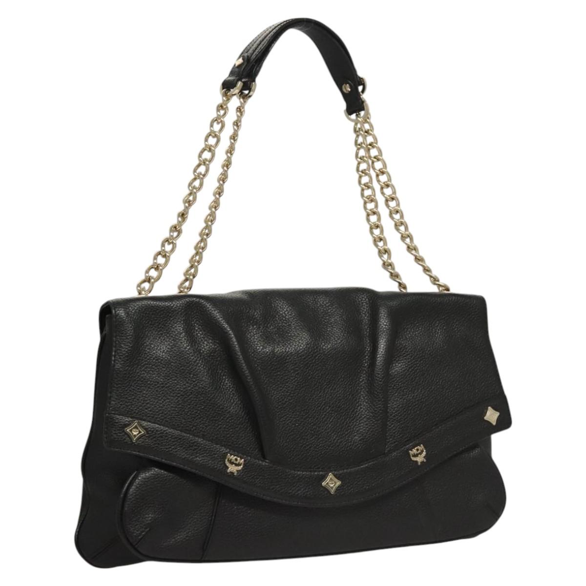 MCM Chain Shoulder Bag Leather Black Gold Auth MY306