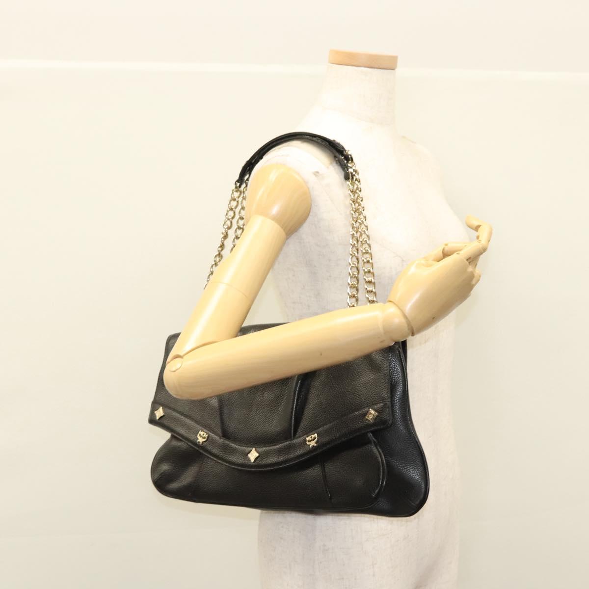 MCM Chain Shoulder Bag Leather Black Gold Auth MY306