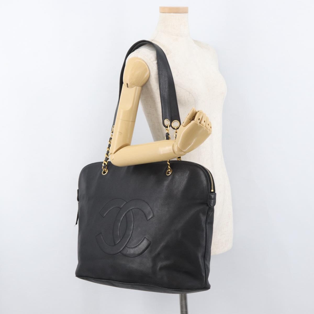 CHANEL COCO Mark Chain Tote Bag Caviar Skin Black CC Auth MY307