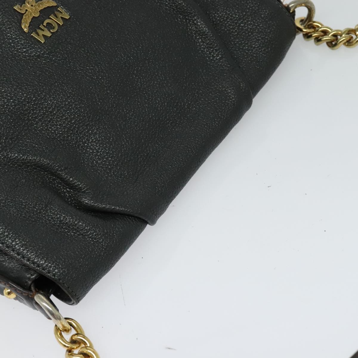 MCM Chain Shoulder Bag Leather Gray Gold Auth MY336