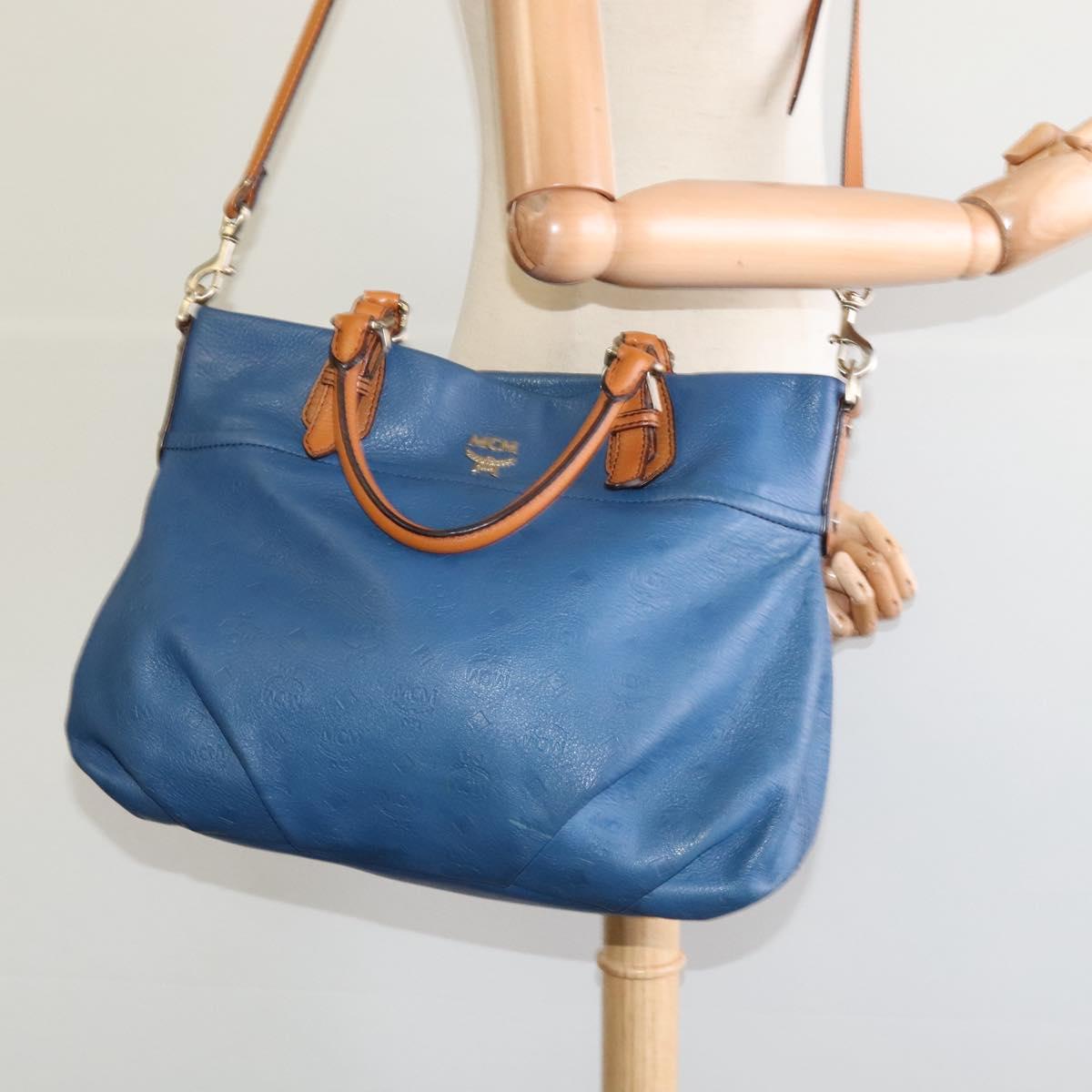 MCM Vicetos Logogram Hand Bag Leather 2way Blue Brown Auth MY353