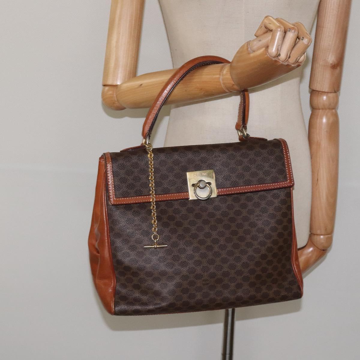 CELINE Macadam Canvas Hand Bag PVC Leather Brown Gold Auth MY371