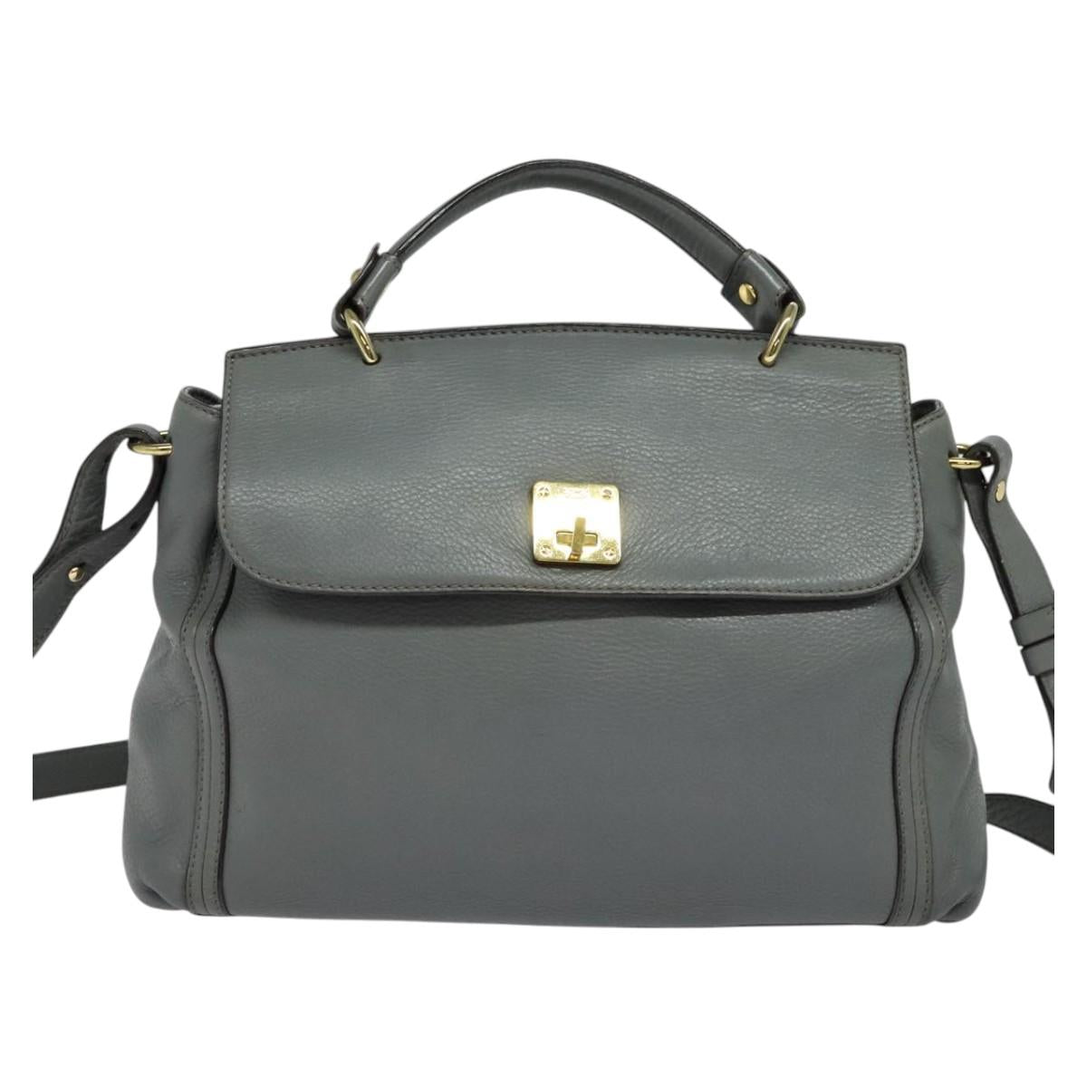 MCM Hand Bag Leather 2way Gray Gold Auth MY375