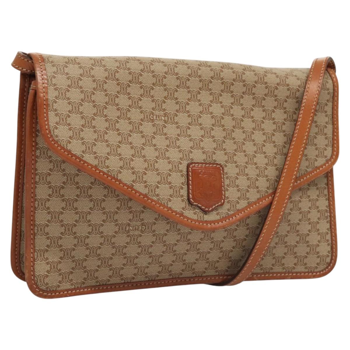 CELINE Macadam Canvas Shoulder Bag Beige Gold Auth MY407