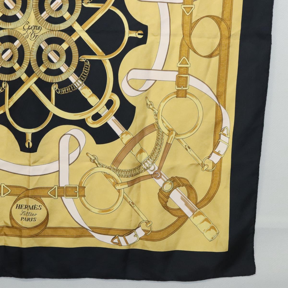 HERMES Carre 90 Scarf Eperon dor Silk Black Yellow Auth my465