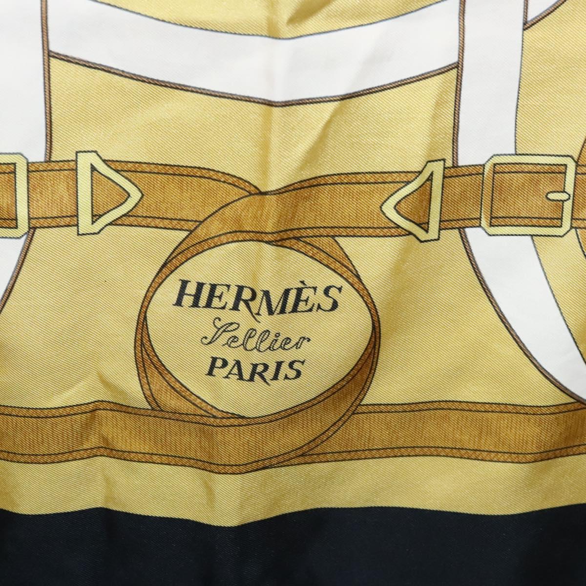 HERMES Carre 90 Scarf Eperon dor Silk Black Yellow Auth my465