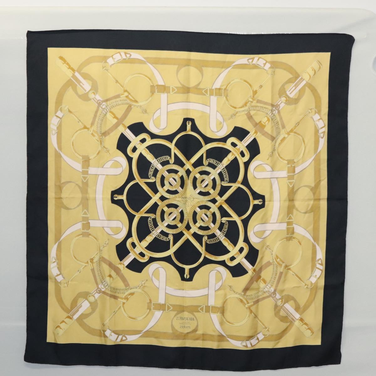 HERMES Carre 90 Scarf Eperon dor Silk Black Yellow Auth my465