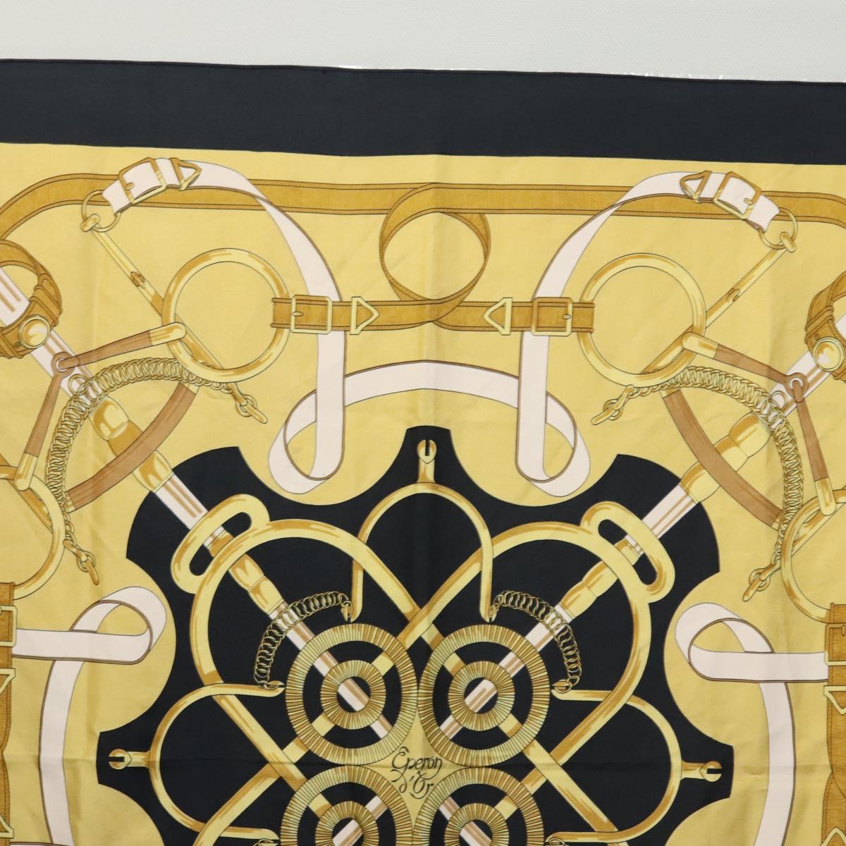 HERMES Carre 90 Scarf Eperon dor Silk Black Yellow Auth my465