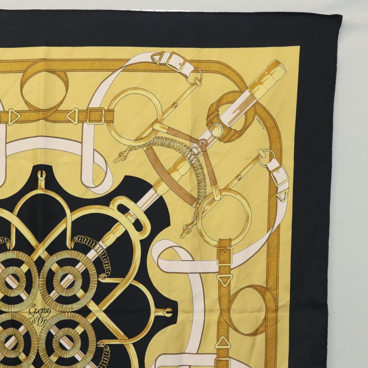 HERMES Carre 90 Scarf Eperon dor Silk Black Yellow Auth my465