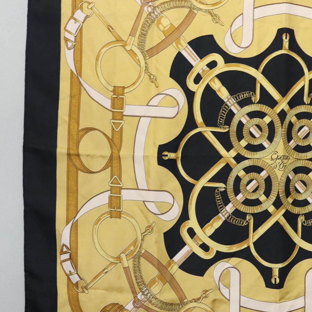 HERMES Carre 90 Scarf Eperon dor Silk Black Yellow Auth my465