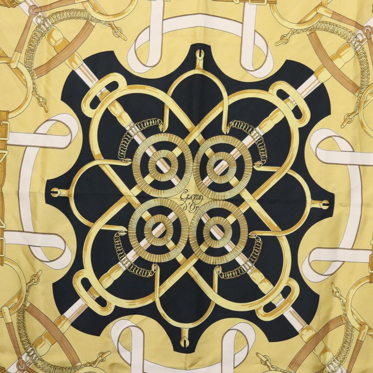 HERMES Carre 90 Scarf Eperon dor Silk Black Yellow Auth my465