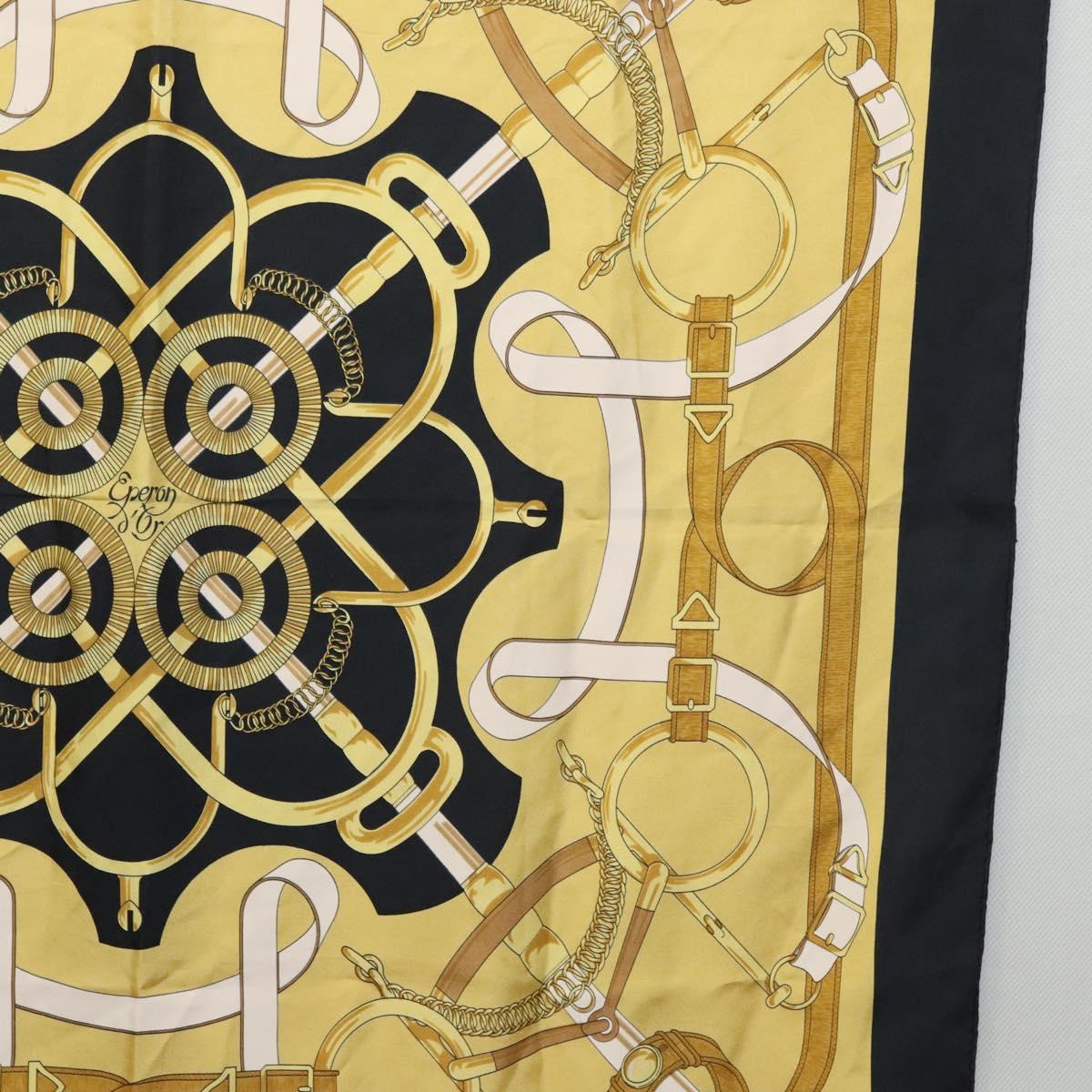 HERMES Carre 90 Scarf Eperon dor Silk Black Yellow Auth my465