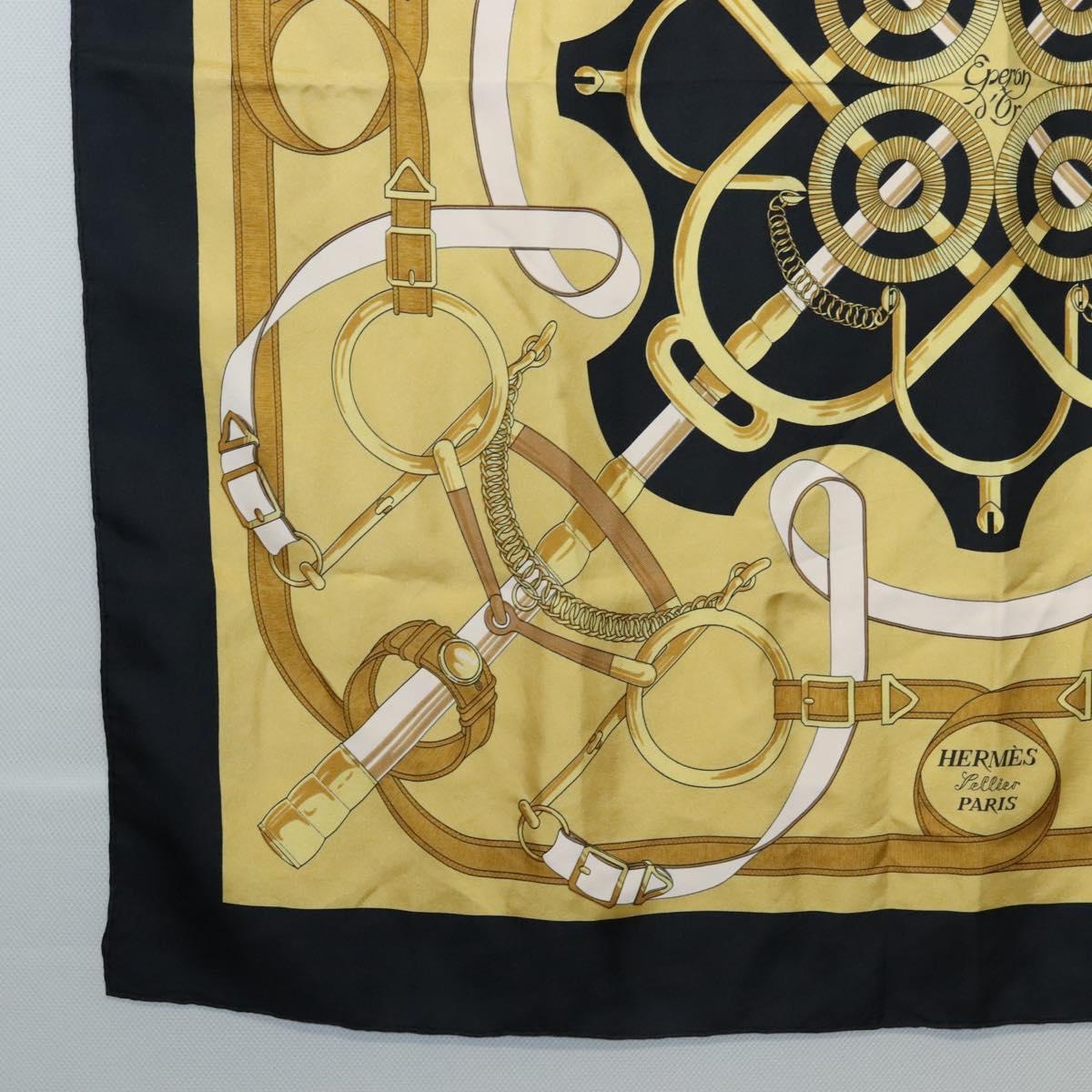 HERMES Carre 90 Scarf Eperon dor Silk Black Yellow Auth my465