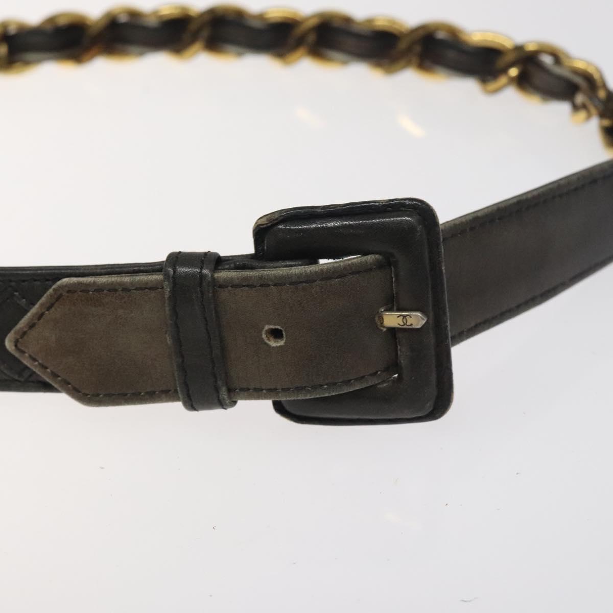 CHANEL Chain Belt metal Lamb Skin Black Gold CC Auth MY480