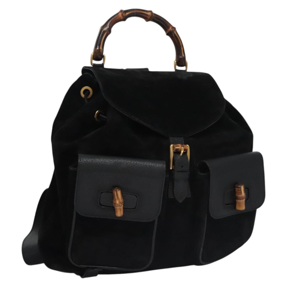 GUCCI Bamboo Backpack Suede Leather Black Gold 003 58 0016 Auth nb007