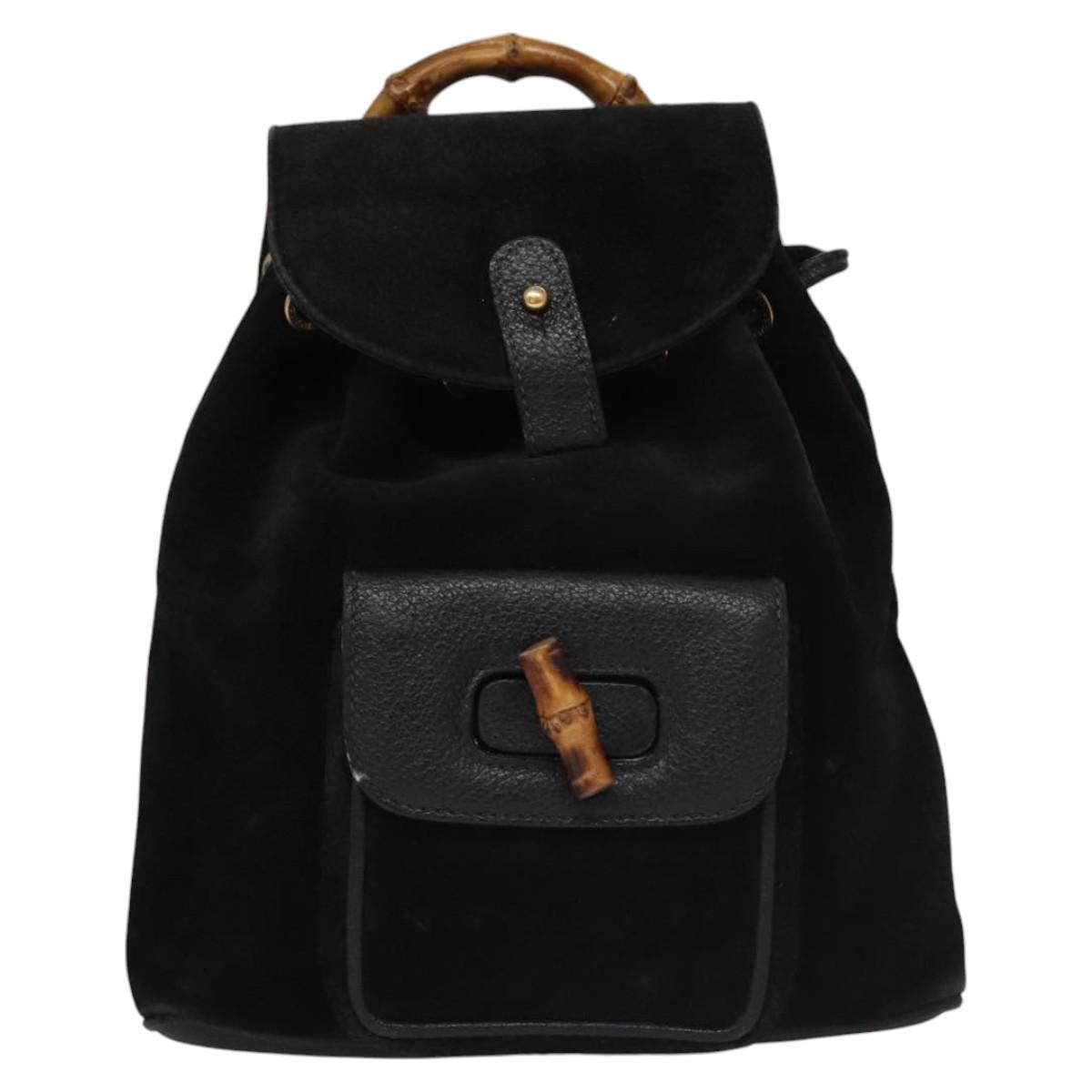 GUCCI Bamboo Backpack Suede Leather Black Gold 003 1705 0030 Auth nb031
