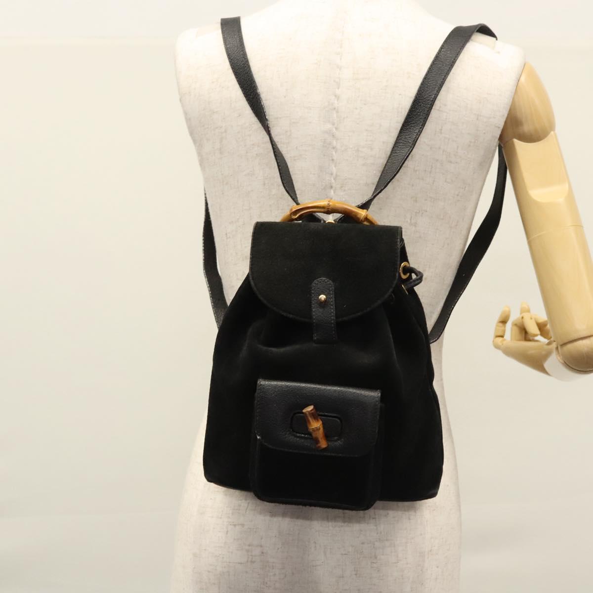 GUCCI Bamboo Backpack Suede Leather Black Gold 003 1705 0030 Auth nb031
