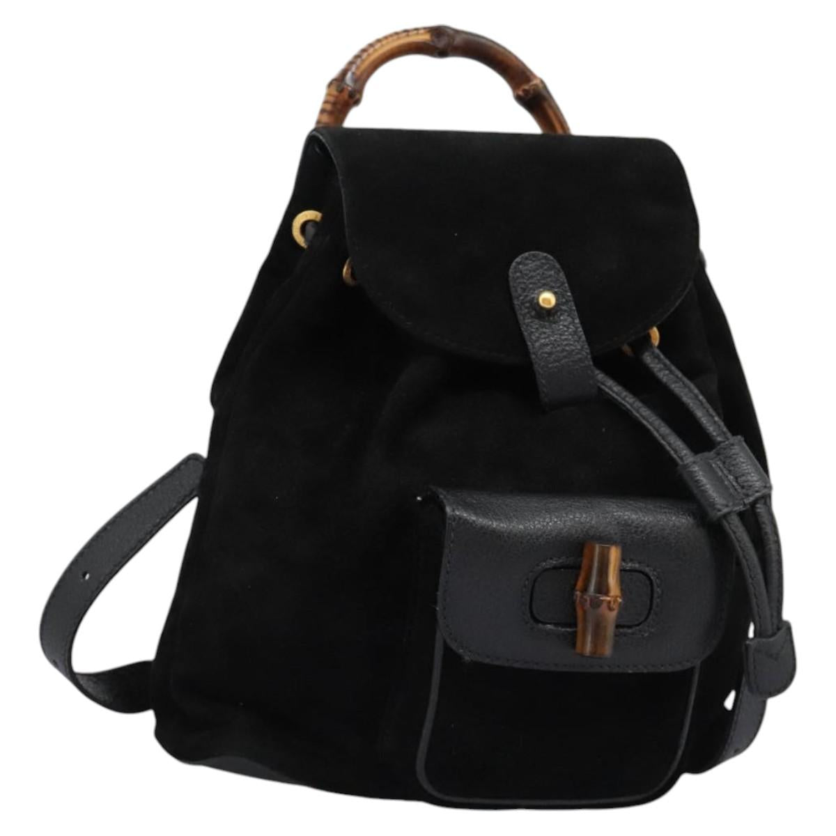 GUCCI Bamboo Backpack Suede Leather Black Gold 003 2058 0030 Auth nb098