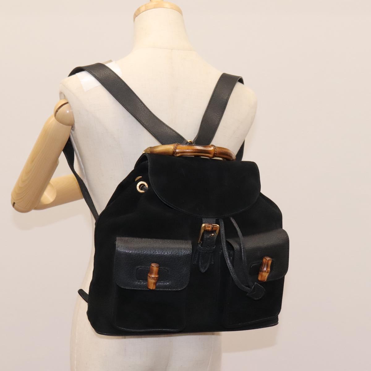 GUCCI Bamboo Backpack Suede Leather Black Gold 003 58 0016 Auth nb144