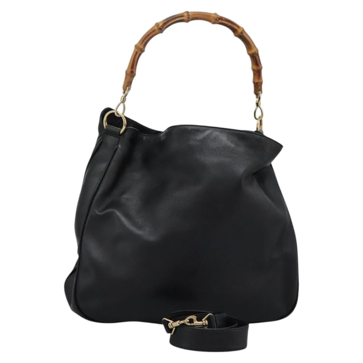 GUCCI Bamboo Hand Bag Leather 2way Black Gold 001 1014 1577 0 Auth nb190