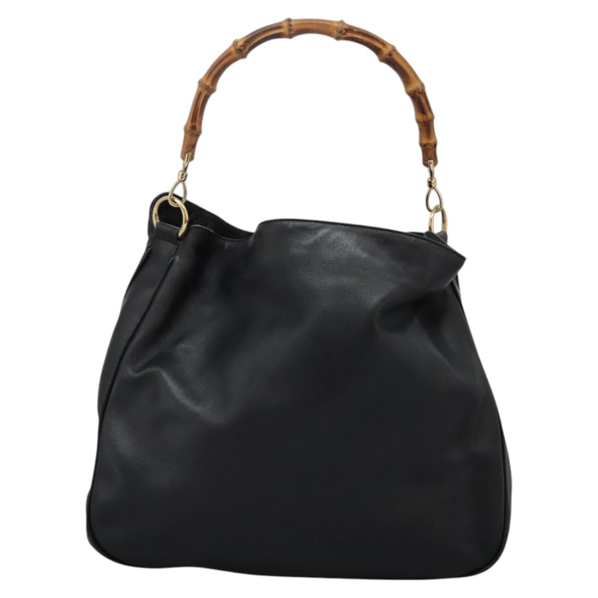 GUCCI Bamboo Hand Bag Leather 2way Black Gold 001 1014 1577 0 Auth nb190