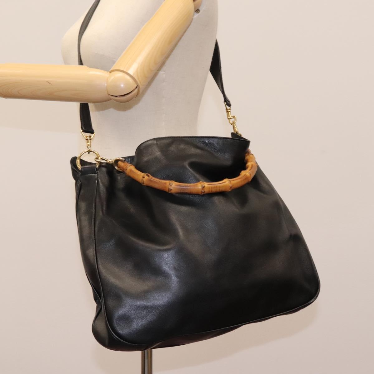 GUCCI Bamboo Hand Bag Leather 2way Black Gold 001 1014 1577 0 Auth nb190