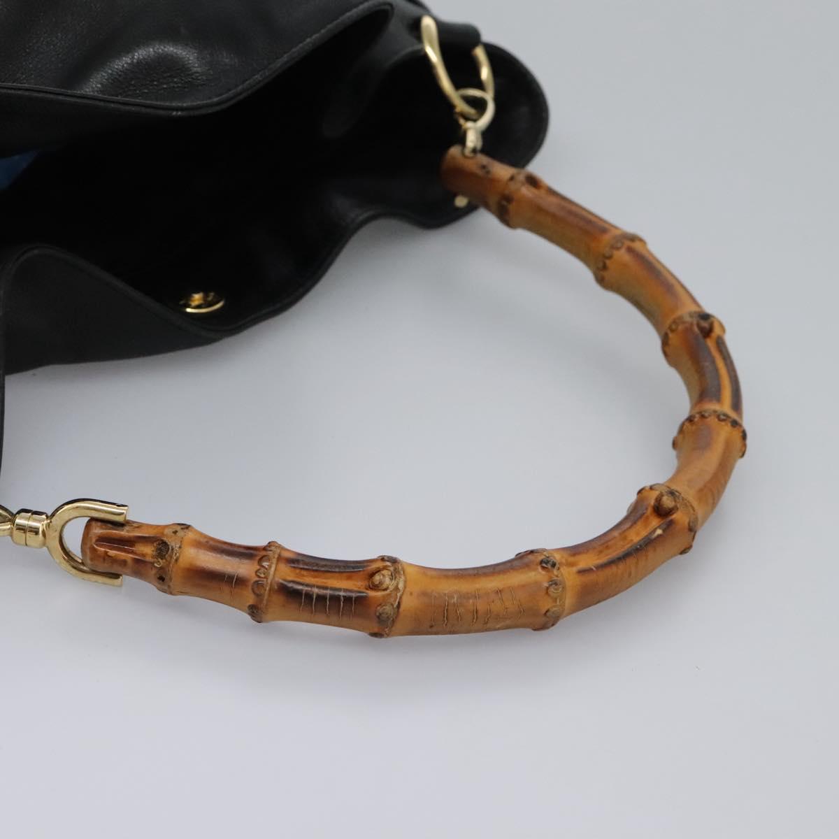 GUCCI Bamboo Hand Bag Leather 2way Black Gold 001 1014 1577 0 Auth nb190