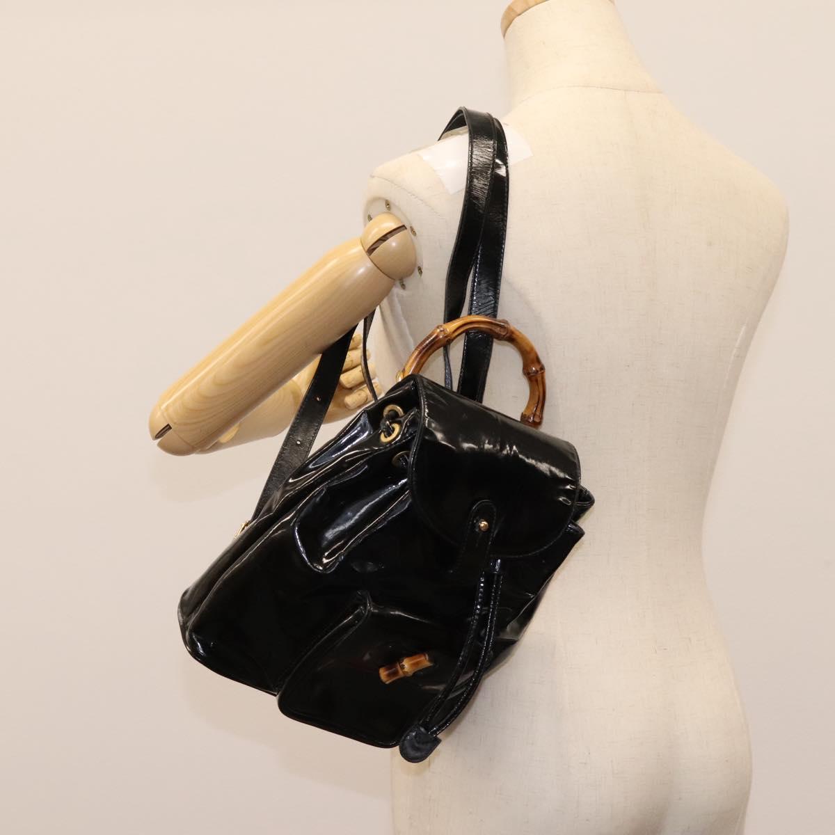 GUCCI Bamboo Backpack Patent leather Black Gold 003 2058 0030 Auth nb200