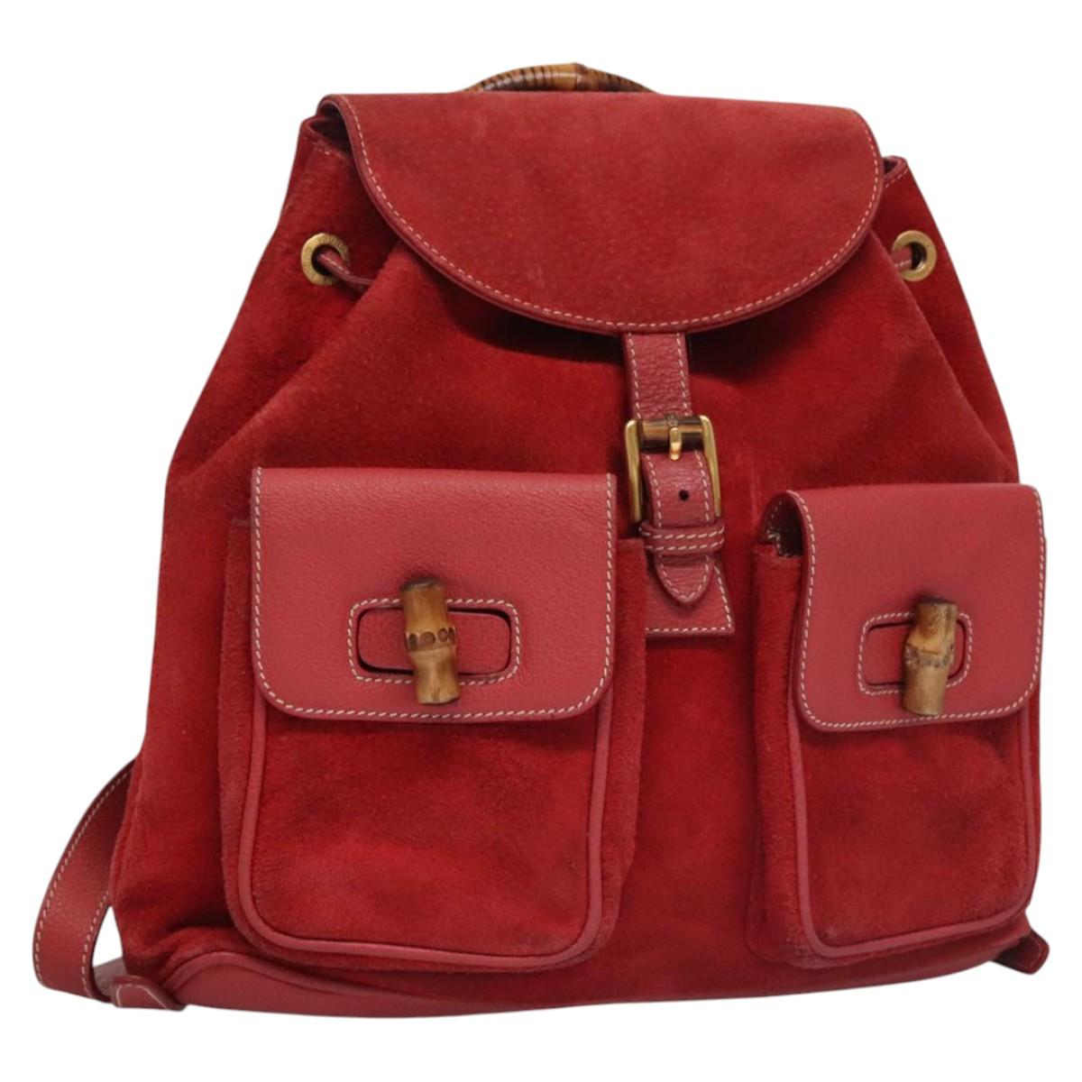 GUCCI Bamboo Backpack Suede Leather Red Gold 003 2058 0016 Auth nb202
