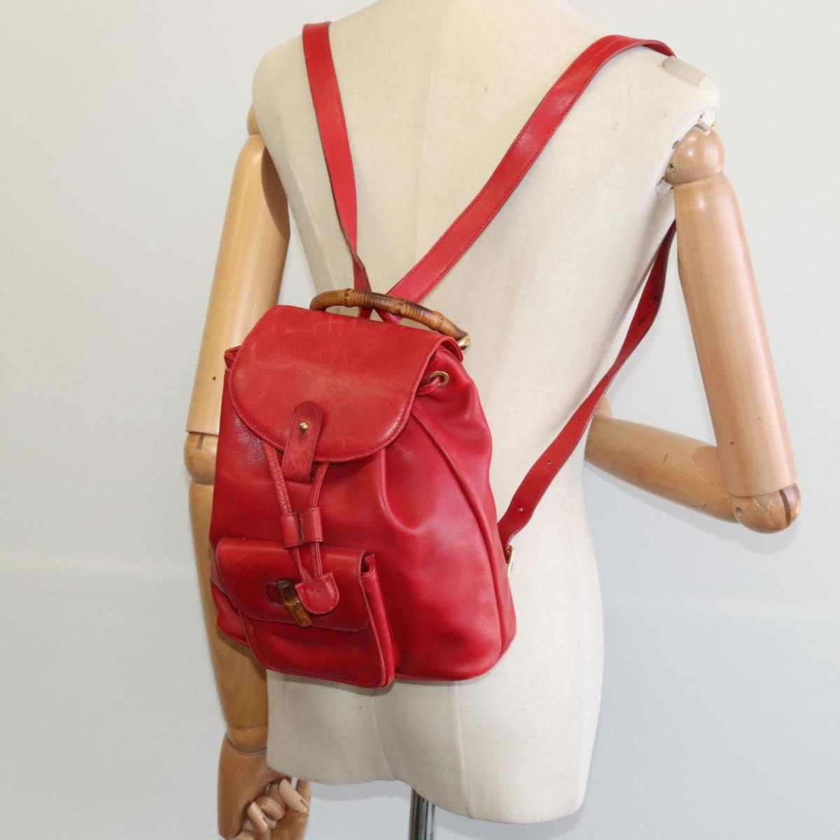 GUCCI Bamboo Backpack Leather Red Gold 003 3444 0030 Auth nb203
