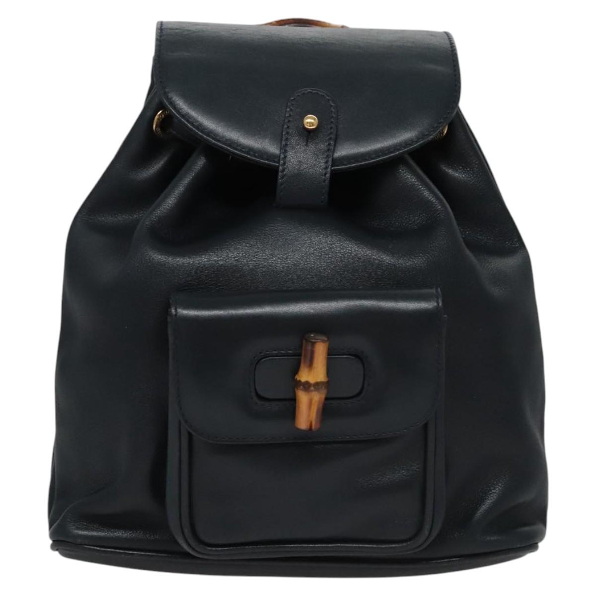 GUCCI Bamboo Backpack Leather Black Gold 003 3444 0030 Auth nb256