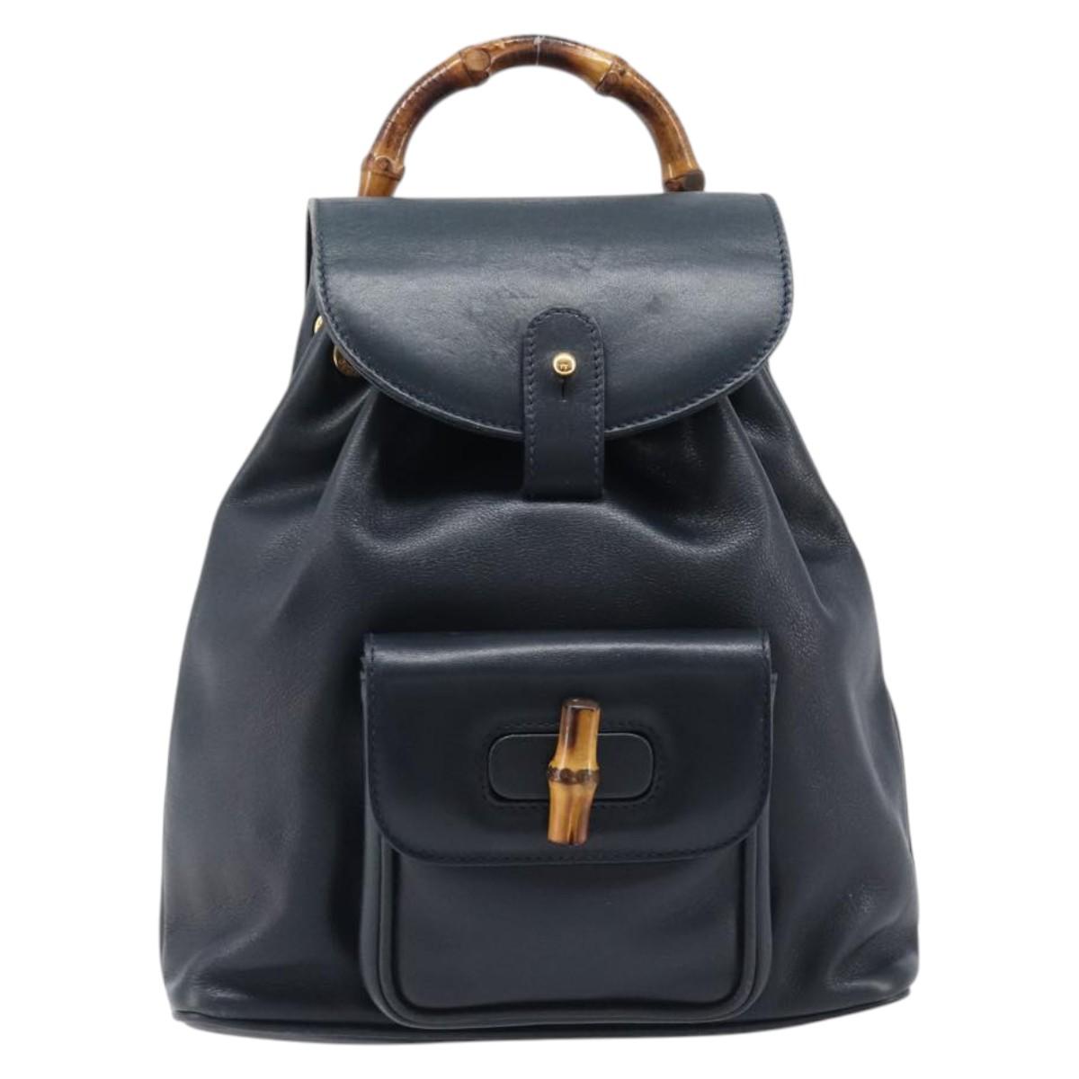 GUCCI Bamboo Backpack Leather Black Gold 003 3444 0030 Auth nb256